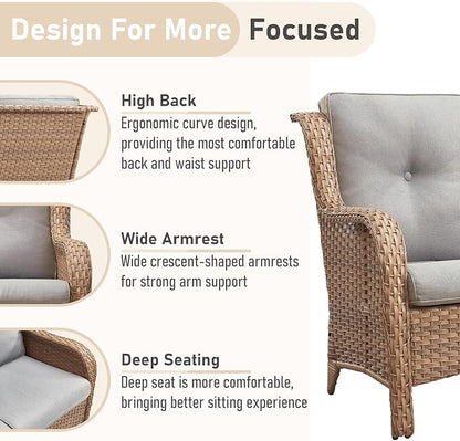 Outdoor Loveseat Sofa - 3 Piece Patio Furniture with Ottoman Deep Seating Patio Couch for Porch Deck Garden Backyard - Yellow/Beige