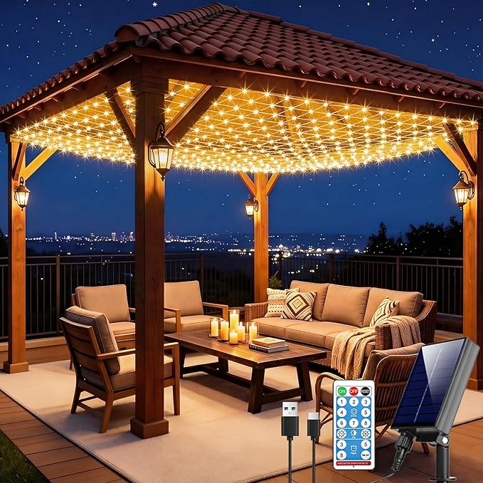 Pooqla Solar Net Lights, 10x10ft 280LED Gazebo Net Lights Outdoor with 8 Modes, Solar & USB Powered Waterproof String Lights Clear Wire, Chandelier for Pergolas, Patio, Bush, Backyard Decor Warm White