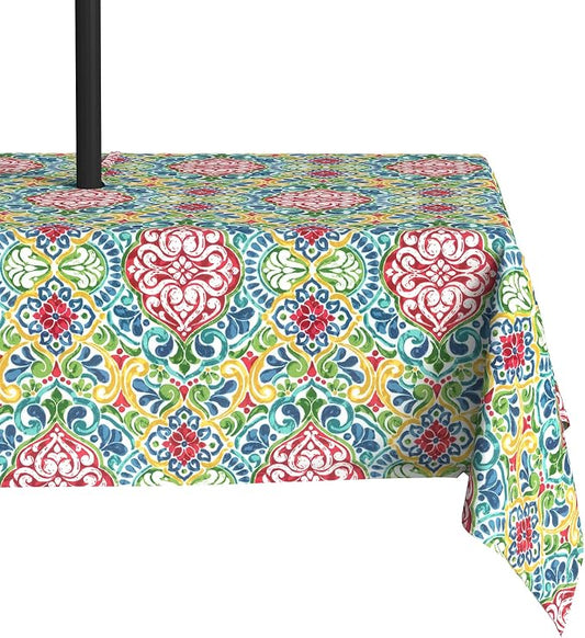 LVTXIII Rectangle Outdoor Tablecloth with Umbrella Hole and Zipper, Water-Repellent 60 x 84 Inch Patio Table Cover for Picnic, Garden, Backyard Dining, Damask Red