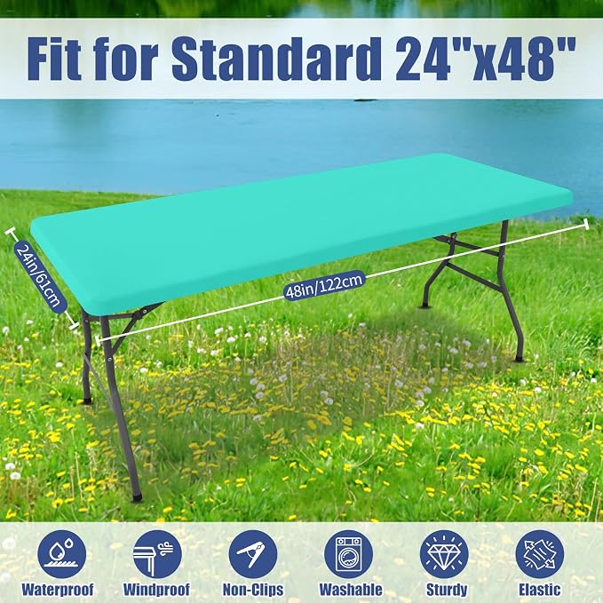 Moosfor 2 Pack Rectangle Spandex Fitted Table Cloth, 4FT Elastic Tablecloth | Washable Picnic Table Cover, Stretch Waterproof Table cloths for Party, Patio, Dining, Kitchen, 24" x 48", Aqua Blue