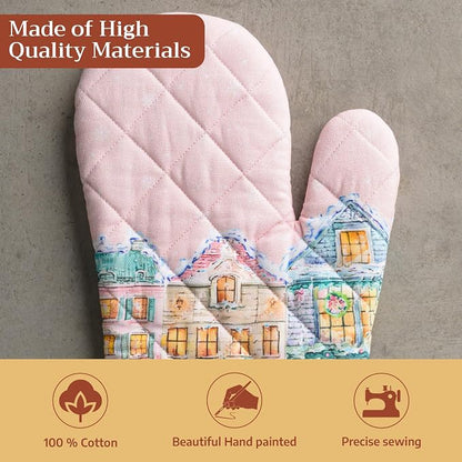 Maison d'Hermine Oven Gloves 100% Cotton Oven Mitt (7" x 13", Pack of 1) | With Loop Heat Resistant BBQ Cooking Gloves Baking Kitchen Handling Hot Pans Thanksgiving Christmas - Christmas Market - Pink