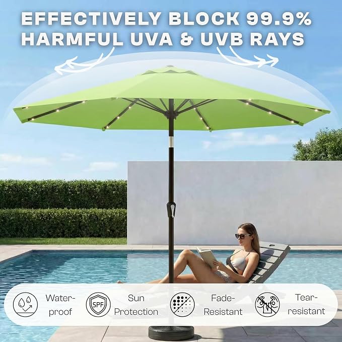 10FT Solar Lighted Patio Umbrella, Outdoor Table Market Umbrellas with Push Button Tilt and Crank, 32 LED Lights, 8 Sturdy Ribs, UV-Resistant for Deck, Garden, Pool