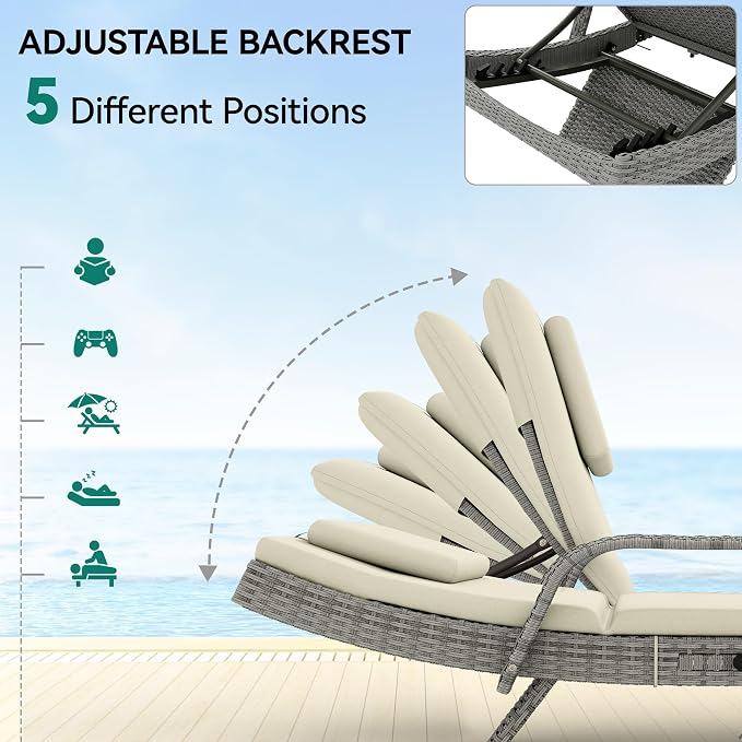YITAHOME Wicker Chaise Lounge Outdoor, Rattan Pool Lounge Chair Reclining Chaise Lounge Set w/Pull-Out Desktop, 5-Position backrest, Headrest & Cushion, Armrests for Poolside, Beach, Outside(Beige)