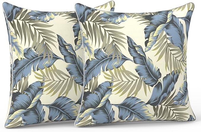 LVTXIII Outdoor/Indoor Pillow Covers, Patio Fade Resistant Throw Pillow Covers ONLY, Waterproof Farmhouse Accent Cushion Cases for Sofa Patio Couch Decoration 20"x20" Set of 2, Lush Palm Blue