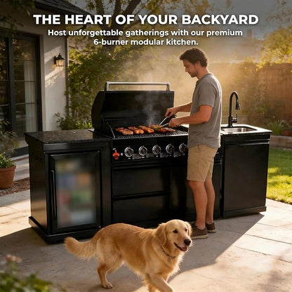 82 Inch Outdoor Kitchen Island, 6-Burner 85000 BTU Propane Stainless Steel BBQ with Side/Rear Burners, With Refrigerator and Sink, Rotisserie, Marble Countertops, Storage, For Backyard BBQ