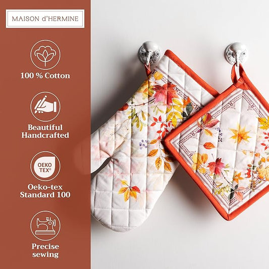 Maison d' Hermine 100% Cotton Oven Mitt & Pot Holder Set (7.5"x13" & 8"x8") Heat Resistant BBQ Cooking Gloves with Loop for Thanksgiving Christmas Decorations Handling Hot Pans (Amarante)