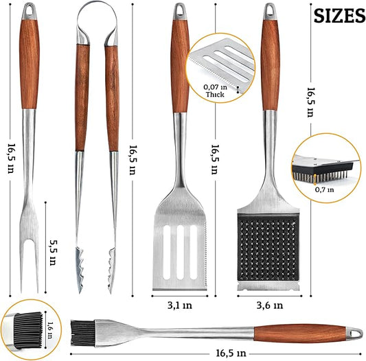 BBQ Grilling Accessories - Barbecue Tool Sets - Luxury Grill Accessories Kit - Grill Set – Premium Stainless Steel Equipment - 5 in 1 BBQ Tongs, Meat Fork, Spatula & Basting Brush