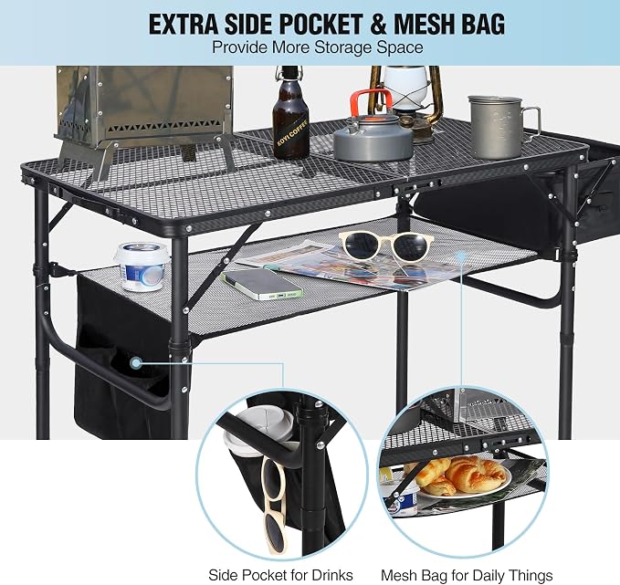 Portable Grill Table with Sink for Outside, Aluminum Frame Folding Grill Stand Table for Outdoor Camping Picnic BBQ, Lightweight Adjustable Height, 36 x 20 x 31 Inches, Black