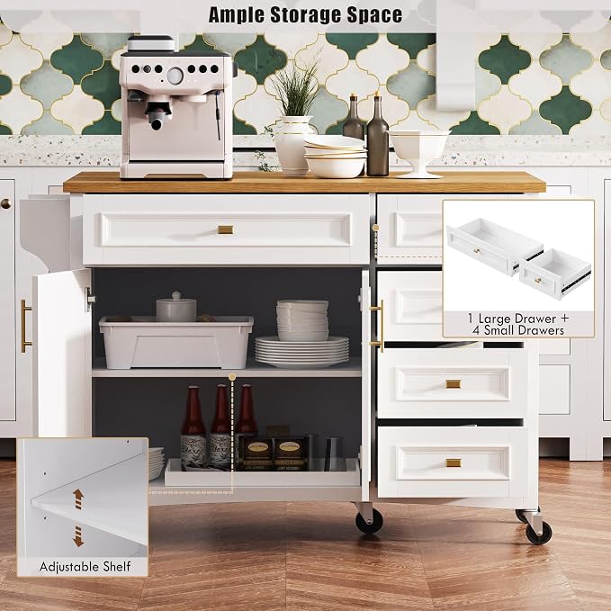 Ball & Cast Kitchen Island with Drop Leaf,Embossed Texture Kitchen Island On Wheels with Spice & Towel Rack,2 Doors and 5 Drawers,Kitchen Storage Cart W/Adjustable Shelf for Kitchen,White,52"
