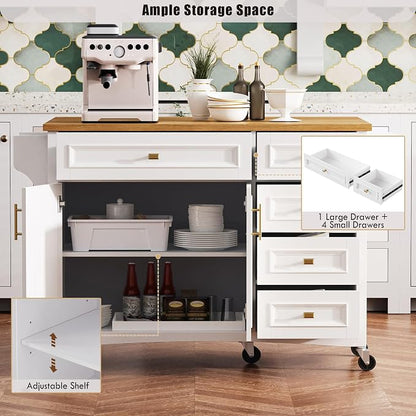 Ball & Cast Kitchen Island with Drop Leaf,Embossed Texture Kitchen Island On Wheels with Spice & Towel Rack,2 Doors and 5 Drawers,Kitchen Storage Cart W/Adjustable Shelf for Kitchen,White,52"