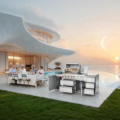 83" Outdoor Kitchen Island, 4+1 Burner Modular Kitchen with Grill Station Cabinetry,304 StainlessGranite, Sink, BBQ Set for Patios & Backyards (Stainless, 83 IN)