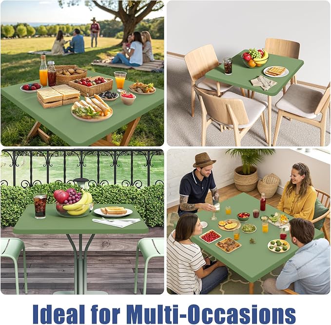 Moosfor 2 Pack Square Spandex Fitted Table Cloth, Elastic Tablecloth | Washable Picnic Table Cover, Stretch Waterproof Table cloths for Party, Patio, Dining, Kitchen, 34" x 34", Sage Green