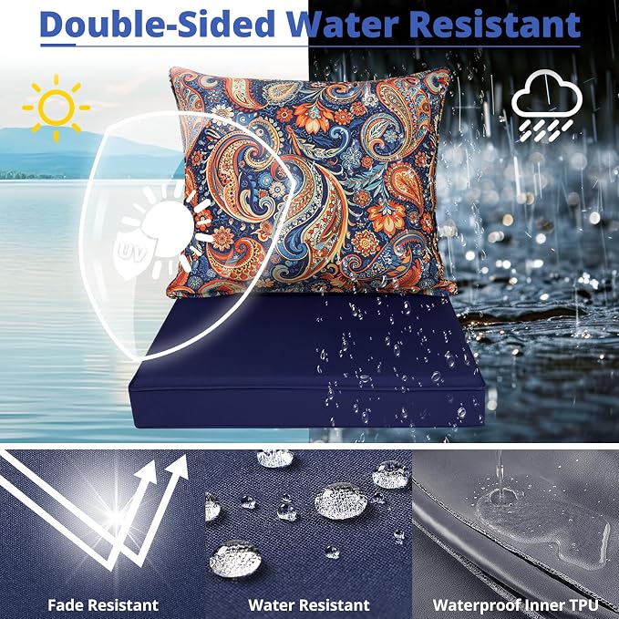 Outdoor Chair Cushion Patio Furniture Seat & Back Pillow 24 x 24 Inch Red | Rain-Proof Cover Removable Replacement with Ties for Wicker Sofa Couch Sunbrella Outside Floral