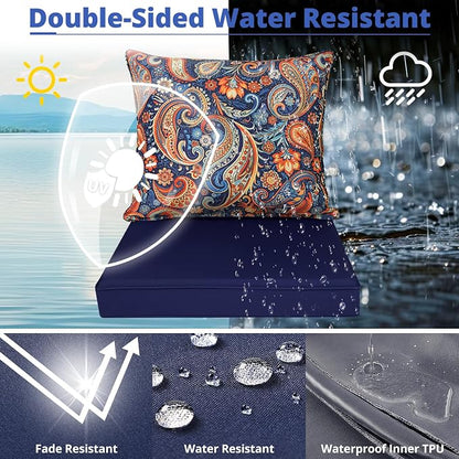 Outdoor Chair Cushion Patio Furniture Seat & Back Pillow 24 x 24 Inch Red | Rain-Proof Cover Removable Replacement with Ties for Wicker Sofa Couch Sunbrella Outside Floral