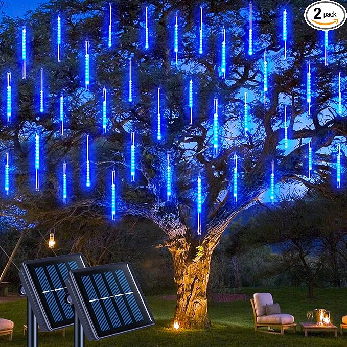 JMEXSUSS 2 Pack Solar Meteor Shower Lights, Blue Meteor Cascading Rain Lights, Waterproof for Tree/Garden Party Christmas Decor - 16 Tubes, 288 LED