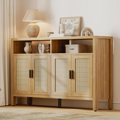 Rattan Buffet Cabinet with Storage, Sideboard with Doors, Console Table, Farmhouse Coffee Bar, Modern Wood Storage Cabinets(Natural 2.0)