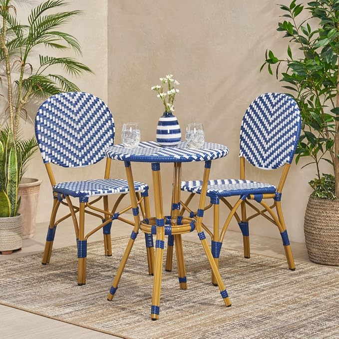 Christopher Knight Home Picardy Bistro Set, Navy Blue + White + Bamboo