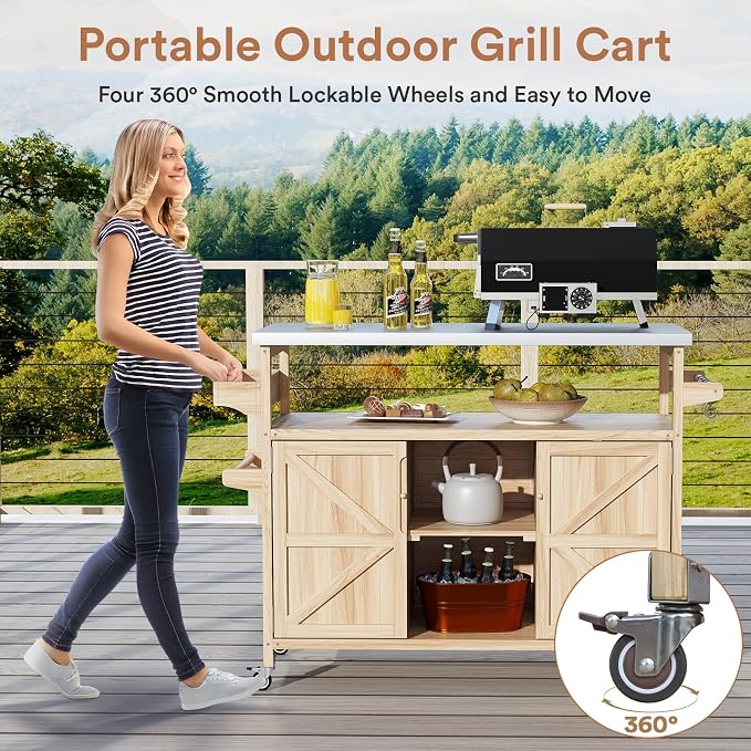 Zevemomo Outdoor Grill Cart with Storage, Stainless Steel Tabletop Outdoor Kitchen Island, Solid Wood Outdoor Buffet Cabinet with Wheels for Grilling, Light Wood Color