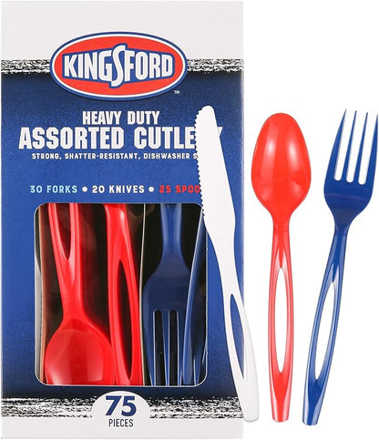 Kingsford Assorted Plastic Cutlery Set, Full Size Disposable Forks Knives & Spoons, Heavy Duty Reusable Dishwasher Safe Utensils for BBQ, Picnics, Parties & Daily Meals, Red White Blue, 75 Count