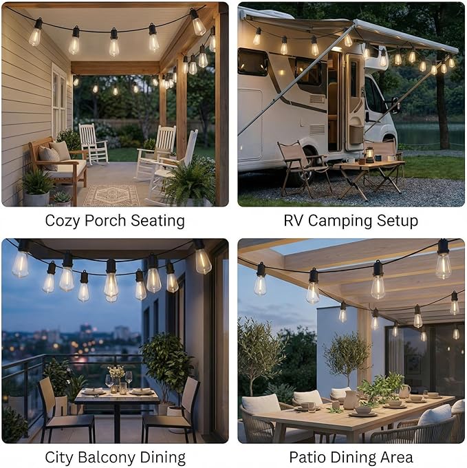 100FT LED Outdoor String Lights - 52 Shatterproof ST38 Edison Bulbs - Waterproof Patio Decor for Outside - Dimmable Bistro Cafe Hanging Lights
