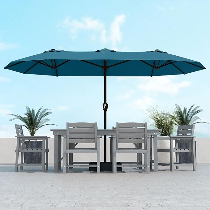 Kingdura 15ft Large Patio Umbrella with Base Included, Double-Sided Rectangle Outdoor Table Umbrella with 12 Reinforced Ribs, Crank Lift for Market Pool Deck Backyard, Lake blue