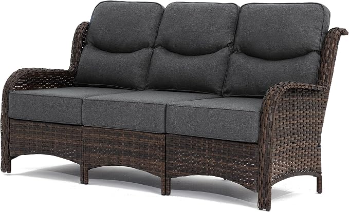 HILLGA Oversized 3-Seater Outdoor Couch with High Back and 6-Inch Cushions | Patio Chair, Wicker Sofa, Outdoor Seating, Porch Furniture, Deck Furniture, Poolside Porch Deck Yard, Lawn (Gray)