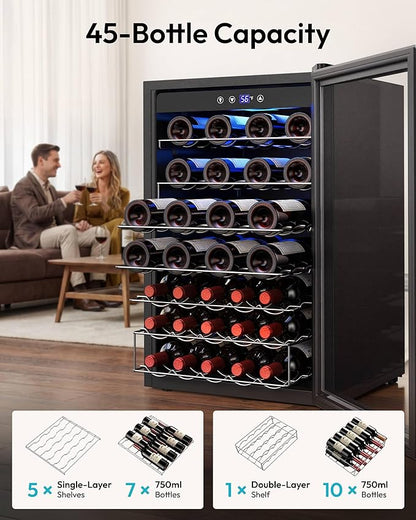 EUHOMY 45 Bottle Wine Cooler Refrigerator, Wine Fridge with Stainless Steel Glass Door for Red, White and Champagne, Mini Fridge with Adjust Temperature for Home Kitchen Bar 4.5 Cu.Ft, Silver