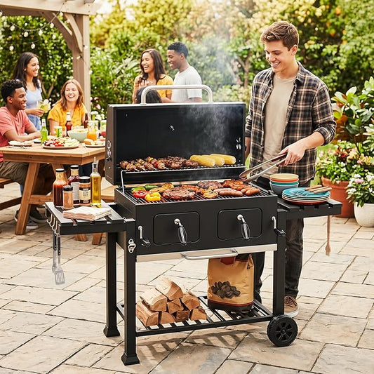 HAPPYGRILL Charcoal Grill, 752 sq.in Oversized Outdoor Smoker BBQ Grill with Individual Lifting Charcoal Trays, Folding Side Tables, Thermometer, Wheels, Bottle Opener & Protective Cover, Black