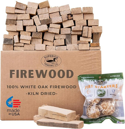 Superior Trading Oak Mini Fire Wood w/Fire Starter Pods, Winter Fireplace Starter, Wood Stove, USDA Cert 4-5” Kiln Dried Firewood, USA Made, 10-11 lbs.