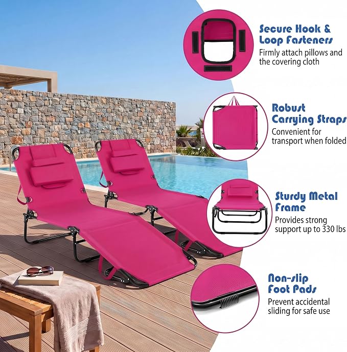 Goplus Tanning Chair, Folding Beach Lounge Chair with Face Hole, Removable Pillow, Carry Strap, Position Adjustable, Sunbathing Chair, Portable Outside Lounge Chair for Patio Pool