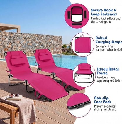 Goplus Tanning Chair, Folding Beach Lounge Chair with Face Hole, Removable Pillow, Carry Strap, Position Adjustable, Sunbathing Chair, Portable Outside Lounge Chair for Patio Pool