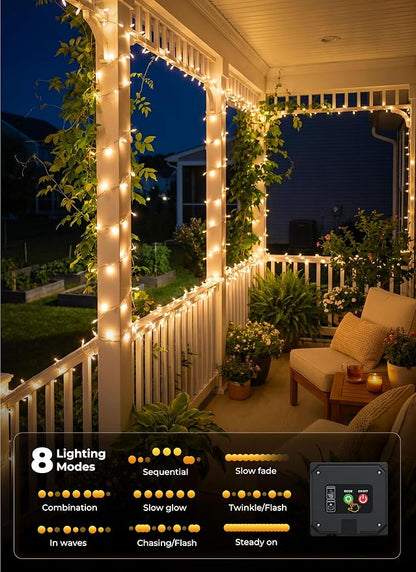 Brightown 2 Pack Solar String Lights Outdoor Waterproof, 92Ft 240 LED Solar Outdoor Lights String with 8 Modes, Transparent Wire String Light for Patio Tree Garden Party Decorations, Warm White
