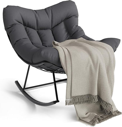 GarveeLife Outdoor Papasan Rocking Chair, Oversized Rocking Chair with Sturdy Metal Frame, Patio Egg Rocker for Balcony Backyard Porch Bedroom, Grey