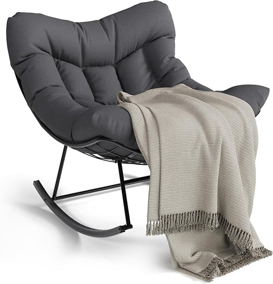 GarveeLife Outdoor Papasan Rocking Chair, Oversized Rocking Chair with Sturdy Metal Frame, Patio Egg Rocker for Balcony Backyard Porch Bedroom, Grey