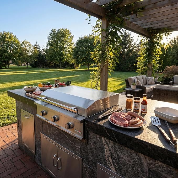 Stanbroil 36-Inch Built-In Gas Griddle for Outdoor Kitchen, Liquid Propane | 304 Stainless Steel Flat Top Grill, 3 Burners, 42,000 BTU, Removable Grease Tray, Hinged Lid, Independent Heat Control