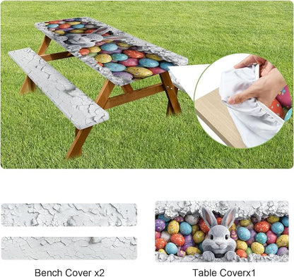 ANNA QUEEN Easter Bunny 6FT Picnic Table Cover with Bench Covers Set of 3 with Drawstring Bag, Bunny & Easter Eggs 72"x30" Waterproof Picnic Tablecloth & Bench Covers for Outdoor Party