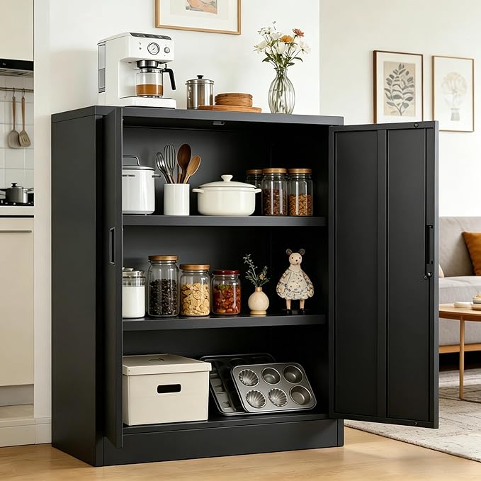 CJF Pantry Cabinet, Metal Pantry Storage Cabinets with Doors and 2 Adjustable Shelves, 36" H Locking Cabinet for Kitchen Storage, Home, Garage, Utility Room and Basement, Black