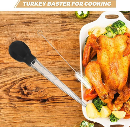 PRETYZOOM Turkey Baster 11.53In Rubber Bulb & Cleaning Brush – Leakproof Liquid Transfer for Roasting, BBQ Basting & Baking, Compact for Kitchen & Outdoor Grill