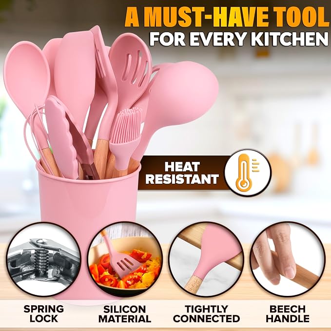 12 Pcs Pink Cooking Utensils Set with Holder for Nonstick Cookware | Silicone Kitchen Utensils Set for BBQ; Heat-Resistant Tools with Wooden Handles for Baking, Serving, Frying, and Mixing