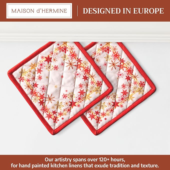 Maison d' Hermine Pot Holders 100% Cotton Potholders (8" x 8", Pack of 2) | Heat Resistant Hot Pads with Loop BBQ Cooking Baking Hotel Kitchen Handling Hot Pans Thanksgiving Christmas - Crystal Star