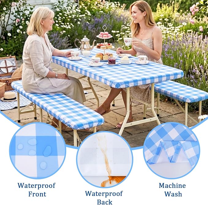 Poise3EHome Picnic Table Cover with Bench Covers, 6 Foot Fitted Elastic Tablecloth Set, Heavy Duty Polyester with TPU Waterproof Backing, Washable Outdoor Picnic Set for Camping, RV & Park(Blue&White)