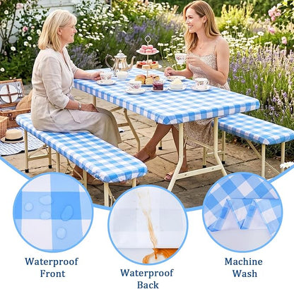 Poise3EHome Picnic Table Cover with Bench Covers, 6 Foot Fitted Elastic Tablecloth Set, Heavy Duty Polyester with TPU Waterproof Backing, Washable Outdoor Picnic Set for Camping, RV & Park(Blue&White)