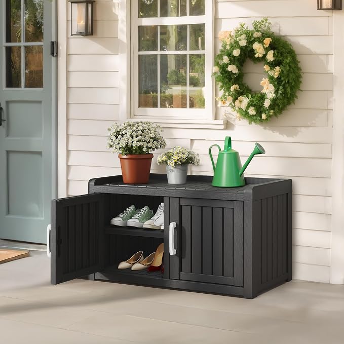 NUNU LAB Shoe Cabinet for Entryway,Waterproof Shoe Storage Cabinet with Adjustable Shelves for Living Room,Resin Storage Bench with Seat for Hallway,Shoe Bench with Doors for Foyer(Black, 2-Door)