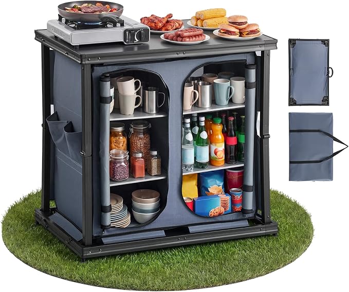 VEVOR Folding Camping Storage Cabinet, Outdoor Portable Aluminum Lightweight Table, Quick Set-up Compact Kitchen Cook Station, with 6 Shelves and Carry Bag, for Picnic, BBQ, Camping, RV Traveling