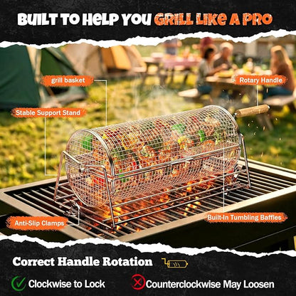 2-in-1 Rotatable Rolling Grill Basket, 304 Stainless Steel, with Removable Wooden Dual Handles & Rotating Stand, BBQ Accessories Tools for Vegetables Shrimp, Gifts for Birthday/Men/Dad/Husband