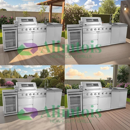Outdoor Grill Islands 98.4" 4-Burner: 72000 BTU Outdoor bbq Island with Refrigerator Rotisserie kit Stainless steel Sink and Storage | Easy Setup