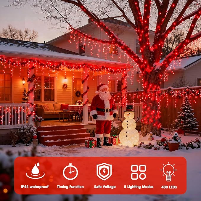 JMEXSUSS 400 LED Red Icicle Christmas Lights Outdoor | Connectable Red icicle Lights Indoor Outdoor with Remote, Christmas Lights for Valentine Room Fireplace Christmas Decorations
