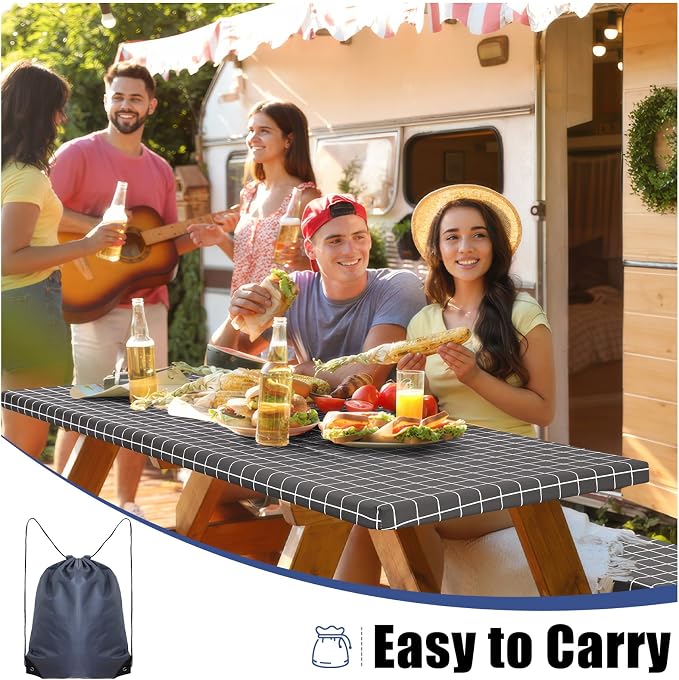 Smiry Picnic Table Cover with Bench Covers, Waterproof Elastic Fitted Tablecloth for 5 Foot Tables, Washable Polyester Tablecloths for Camping, Indoor & Outdoor (Grey & White, 30x60 Inch 3-pc Set)