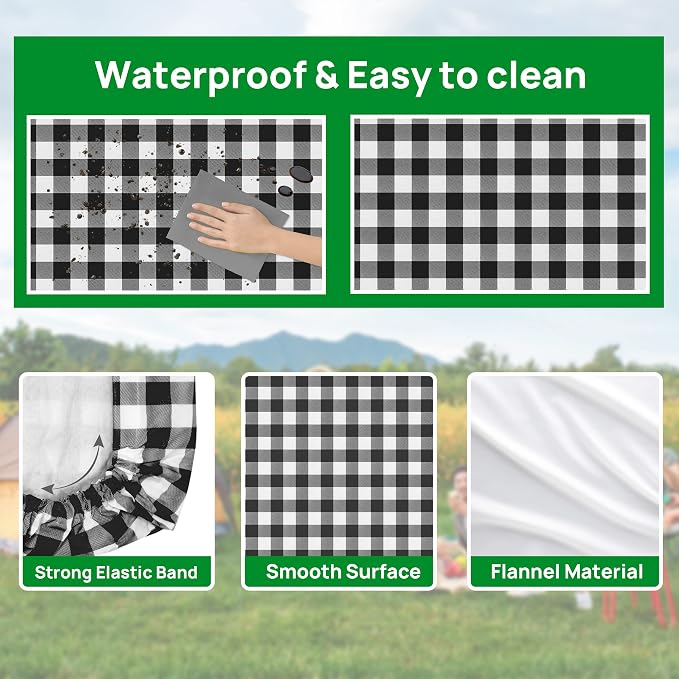 Vinyl Fitted Picnic Table Cover with Bench Covers & Bag 8ft Black Checkered | Vinyl Fitted Picnic Table Cover with Bench Covers and Bag, Outdoor Waterproof Windproof Picnic Tablecloth with Elastic Edges.