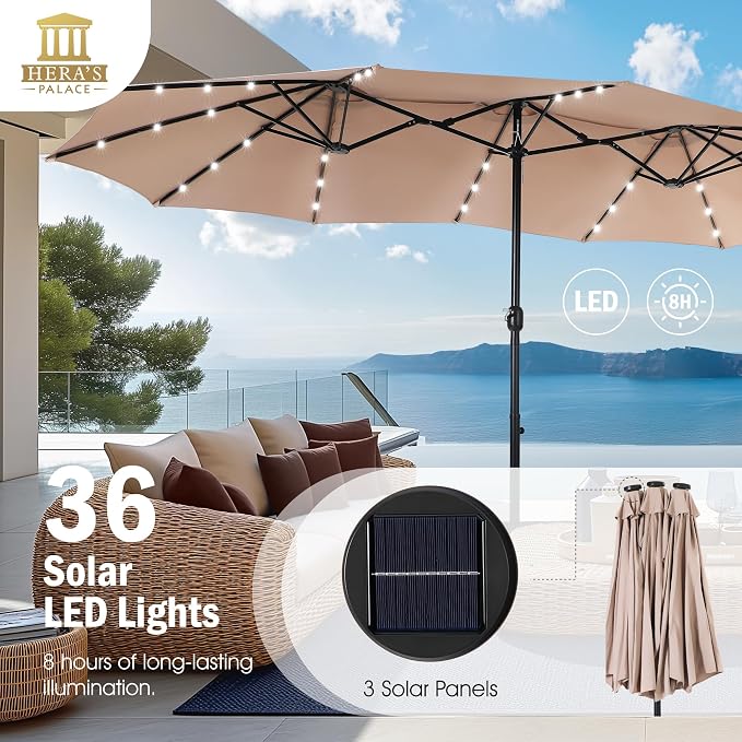 15ft Patio Umbrella with Solar lights & Base, Large Umbrellas, Beige | HERA'S PALACE Rectangle Double Market Umbrella with 36 LED Lights, Big Outdoor Umbrellas for Pool Picnic Inground Yard Deck